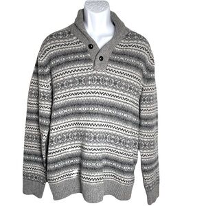 J. Crew Men’s Gray Shawl Collar 100% Lambswool Sweater with Nordic Pattern L